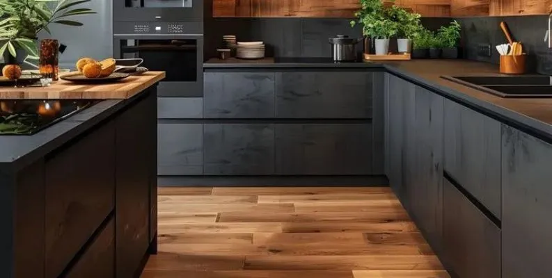 Modern kitchen with striking black cabinets and rich wooden accents, blending sophistication with warmth in a stylish space.