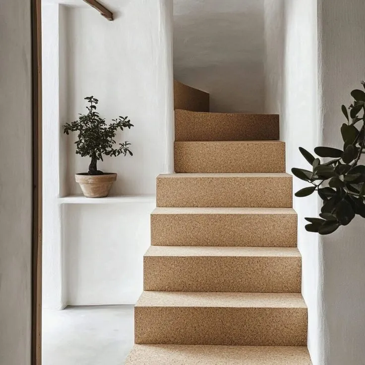 A staircase featuring cork flooring, adorned with a vibrant plant, showcasing a stylish and eco-friendly design choice.