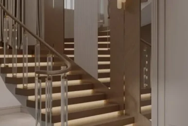 A stylish staircase featuring wooden railings and LED lights, showcasing modern flooring alternatives to carpet.