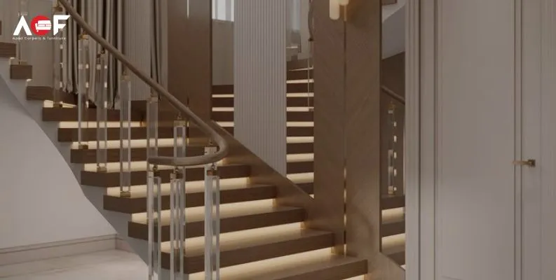 A stylish staircase featuring wooden railings and LED lights, showcasing modern flooring alternatives to carpet.