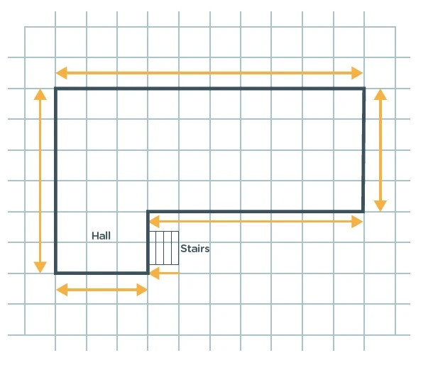 Visual representation of a room's layout, focusing on measuring stairs and landing for carpet placement